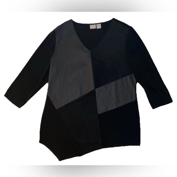 Chico's Travelers Shirt Womens Size 2 12 Large Black Faux Leather V-Neck Tunic - Picture 4 of 5